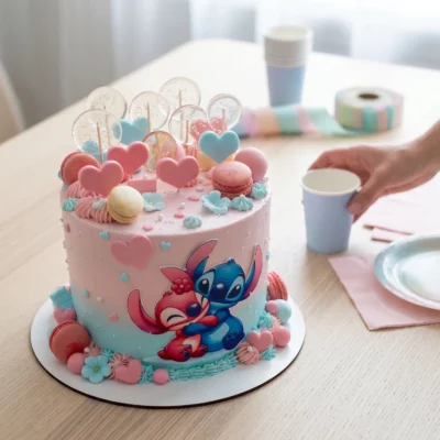 Dětský dort Stitch a Angel se srdíčky v pastelové oslavné scéně s kelímkem, talířkem a jemným růžovo-modrým zdobením.