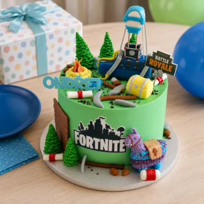 Dětský herní dort Fortnite s Battle Busem, modelovanou lamou, truhlou a zeleným zdobením na narozeninovém stole.