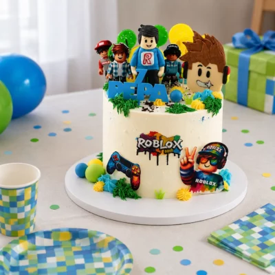 Dětský herní dort Roblox v barevné oslavné scéně s modelovanými postavičkami, balónky a modro-zelenými doplňky na stole.