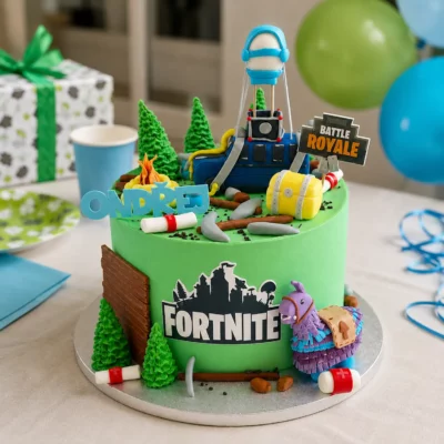 Dětský narozeninový dort Fortnite s Battle Busem, herním zdobením, zeleným základem a modelovanou lamou na oslavném stole.