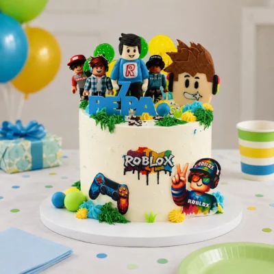 Dětský dort Roblox s postavičkami na narozeninovém stole, s herním motivem, modelovanými figurkami, barevným zdobením a plochými obrázky na boku.