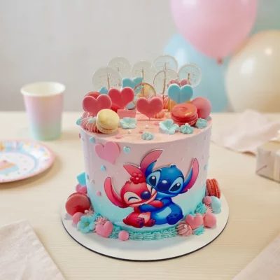Dětský dort Stitch a Angel se srdíčky na slavnostním stole, s pastelovým růžovo-modrým zdobením, makronkami a srdíčky.