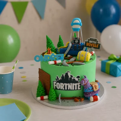 Dort Fortnite s Battle Busem v širší narozeninové scéně s balónky, dárkem a barevným herním motivem.