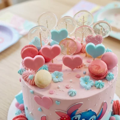 Horní detail dortu Stitch a Angel se srdíčky s makronkami, srdíčkovými zápichy, průhlednými lízátky a jemným pastelovým zdobením.