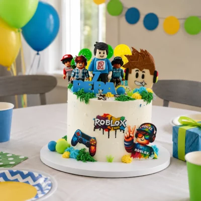 Dort Roblox s postavičkami v širší dětské narozeninové scéně s balónky, dárkem a barevným prostřením.