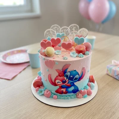 Dort Stitch a Angel se srdíčky v širší narozeninové scéně s balónky, pastelovým prostřením a jemně laděnou dětskou atmosférou.