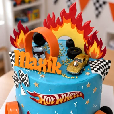 Horní detail dortu Hot Wheels s autíčky, pneumatikami, plameny a oranžovou smyčkou.