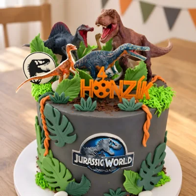 Horní detail dětského dortu Jurassic World se čtyřmi prostorovými dinosaury.