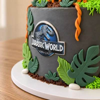 Detail ploché plakety Jurassic World a listového zdobení na dětském dortu.