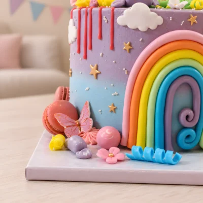 Detail růžových makronek, motýla a barevných dekorací u paty duhového dortu.