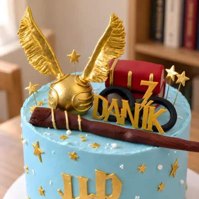 Horní detail dětského dortu se zlatou zlatonkou, brýlemi, hůlkou a červenou knihou.