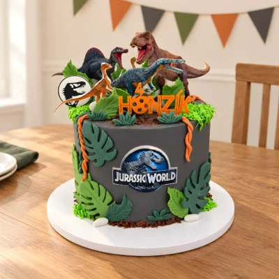 Dětský dort Jurassic World s dinosaury na narozeninovém stole v jídelně.