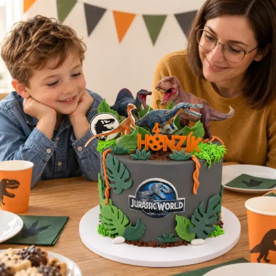 Dětský dort s dinosaury při rodinné narozeninové oslavě v interiéru.
