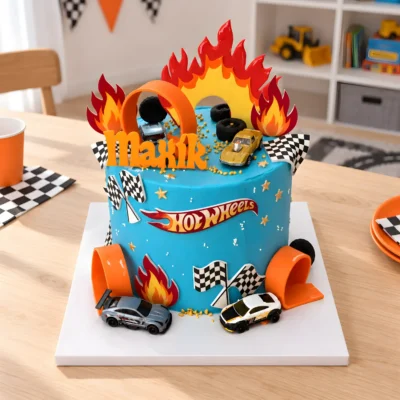 Celý dort Hot Wheels ze šikmého čelního nadhledu s horními autíčky, plameny a bílou podložkou.