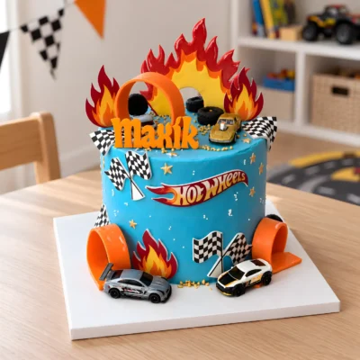 Dětský narozeninový dort Hot Wheels s autíčky a oranžovými smyčkami v herně.