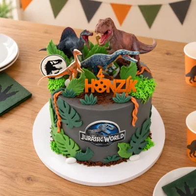 Dětský dort Jurassic World s dinosaury z čelního nadhledu.