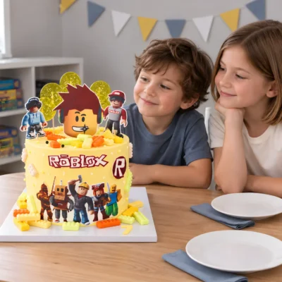 Dvě děti si prohlížejí žlutý dort Roblox s postavami a kostičkami při domácí narozeninové oslavě.