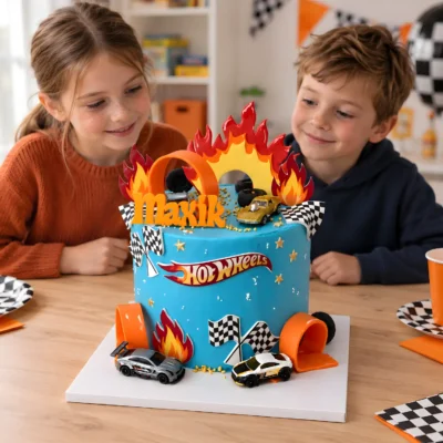 Děti sledují horní závodní dekorace dortu Hot Wheels na oslavovém stole.