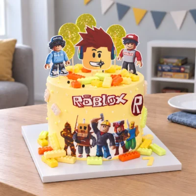Žlutý dětský dort Roblox s barevnými kostičkami na narozeninovém stole, pohled zleva.