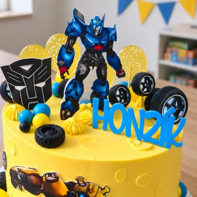 Horní detail žlutého dortu s modročerným robotem, pneumatikami a modrým nápisem.