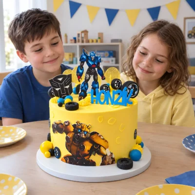 Dvě děti si prohlížejí narozeninový dort s roboty a automobilovými motivy v domácí herně.