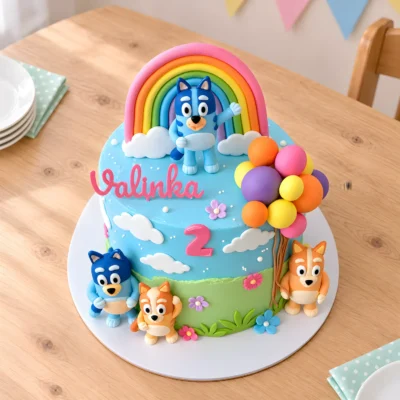 Dort Bluey s duhou a balónky z čelního nadhledu s celým horním zdobením a původní podložkou.