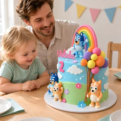 Dort Bluey s duhou a balónky na stole s účastníky oslavy, kteří si prohlížejí zdobení.